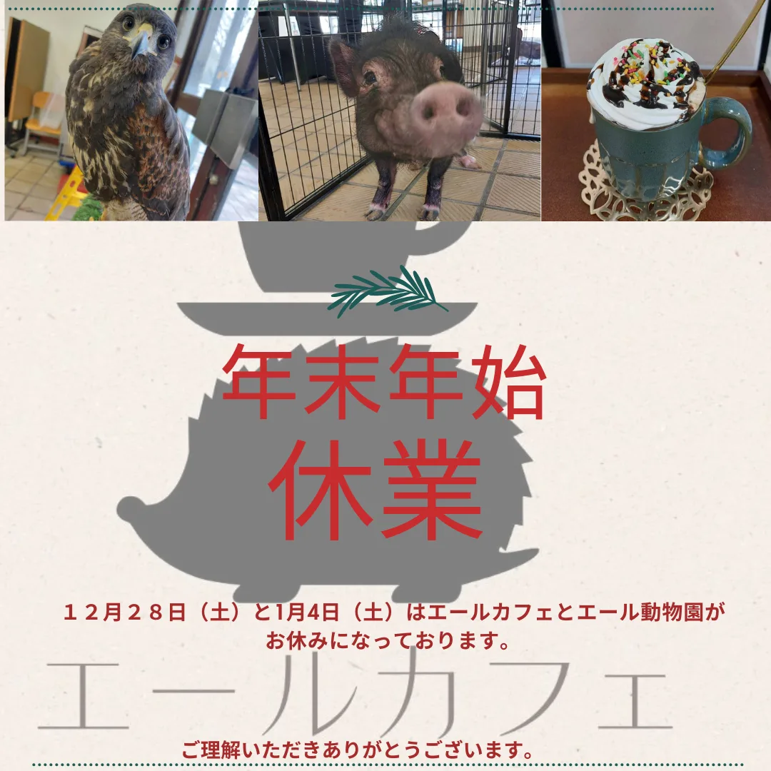 エールカフェとエール動物園は２８日と４日がお休みになっております！